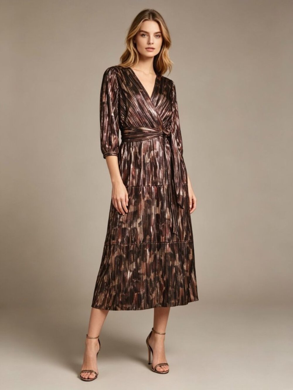 NWOT Johnny Was Pleated Wrap Metallic Belted V-neck Midi Dress Size S